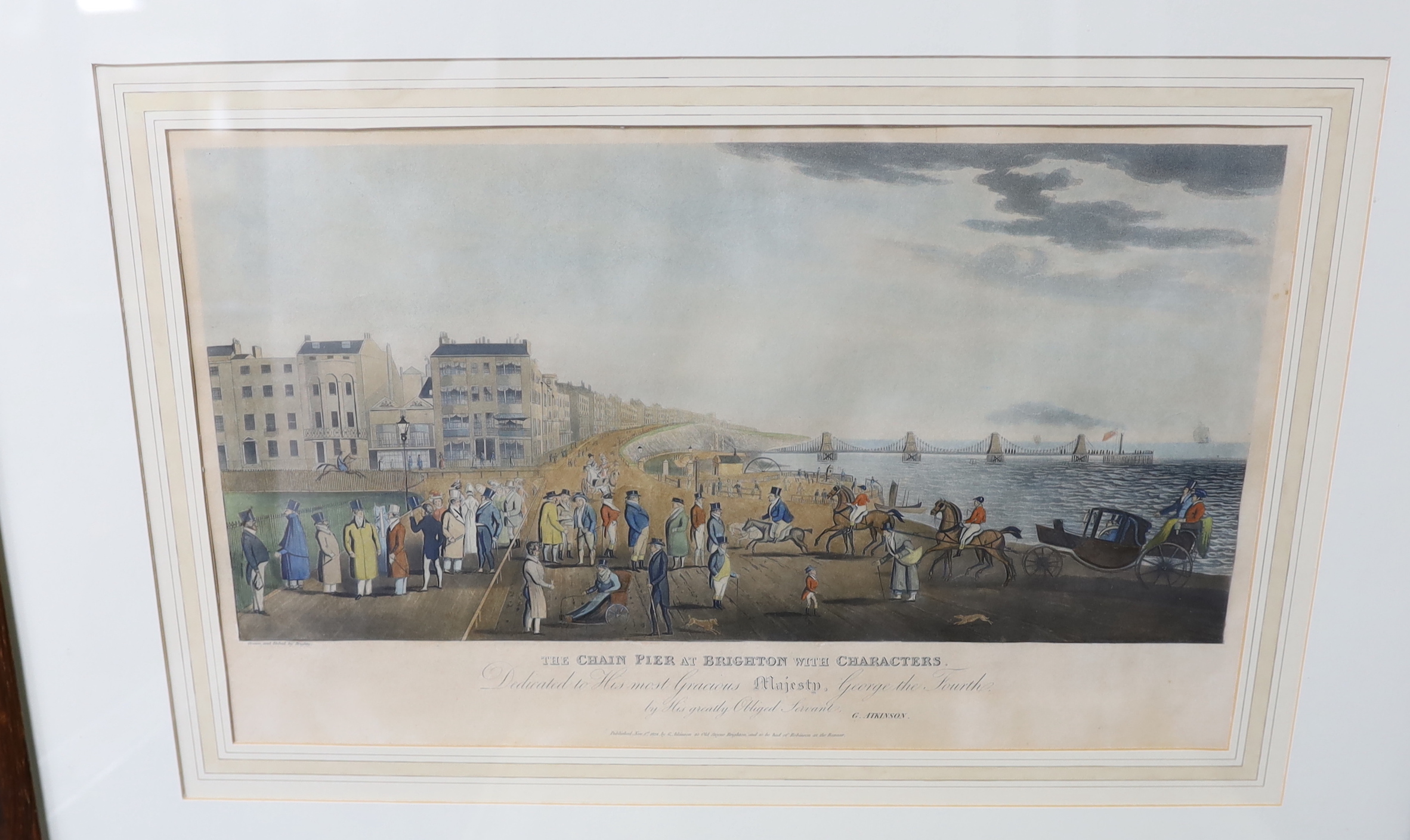 After G M Brighty (fl.1809-1827), colour engraving, The Chain Pier at Brighton with characters, published 1824 by G Atkinson together with two further Brighton interest prints, The Pavilion at Brighton, published by J. C